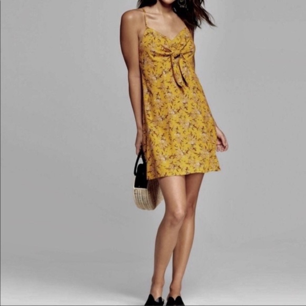 Xhilaration Juniors Mustard Floral Tie Front Dress